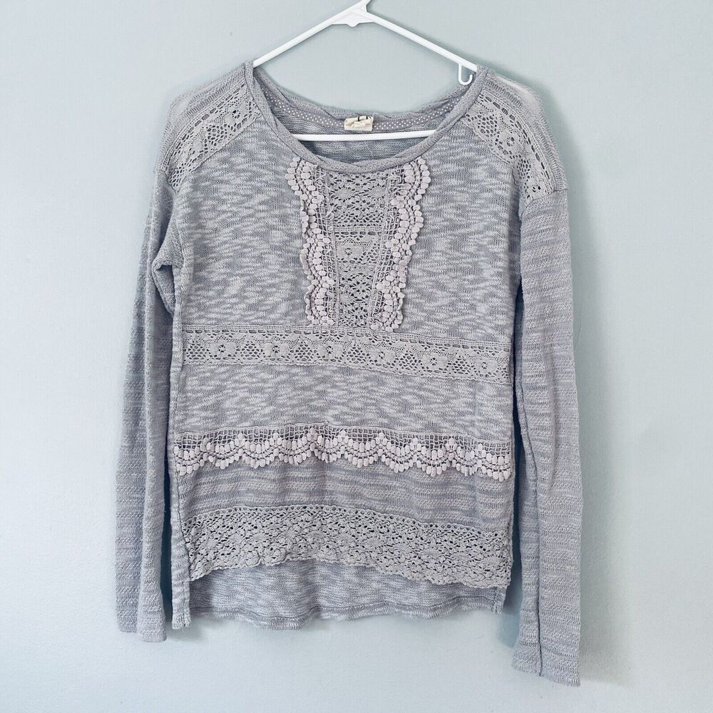 Anthropologie One September Top XS Gray Crochet Long Sleeve Boho Embellished